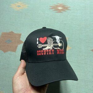 Vintage trucker hat mesh cap I love country music heart guitar cowboy boot black